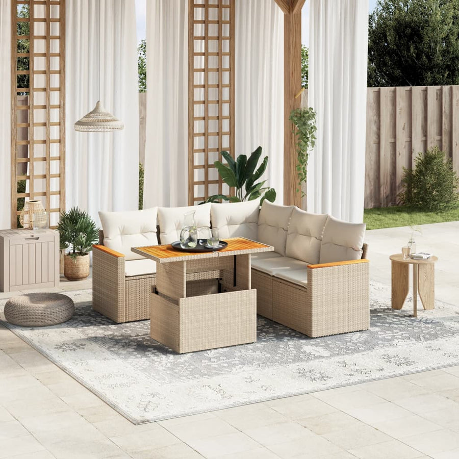 6-delige Loungeset met kussens poly rattan beige