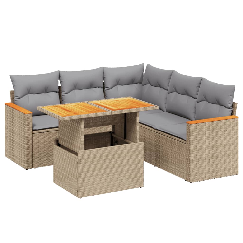 6-delige Loungeset met kussens poly rattan beige