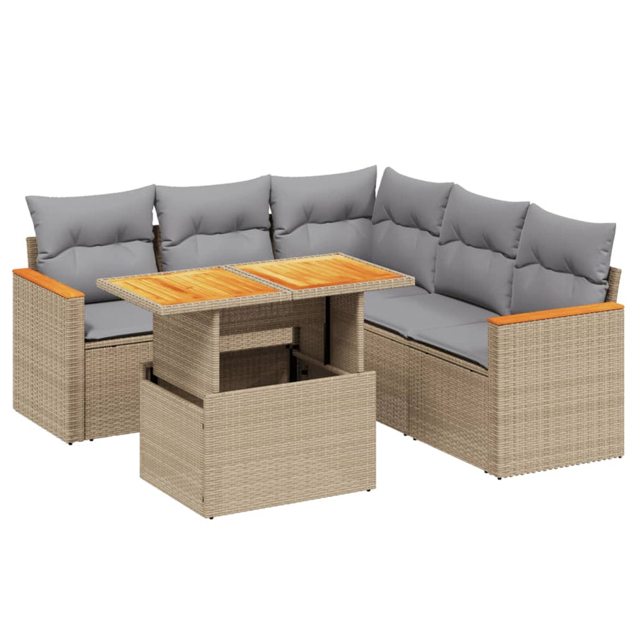 6-delige Loungeset met kussens poly rattan beige