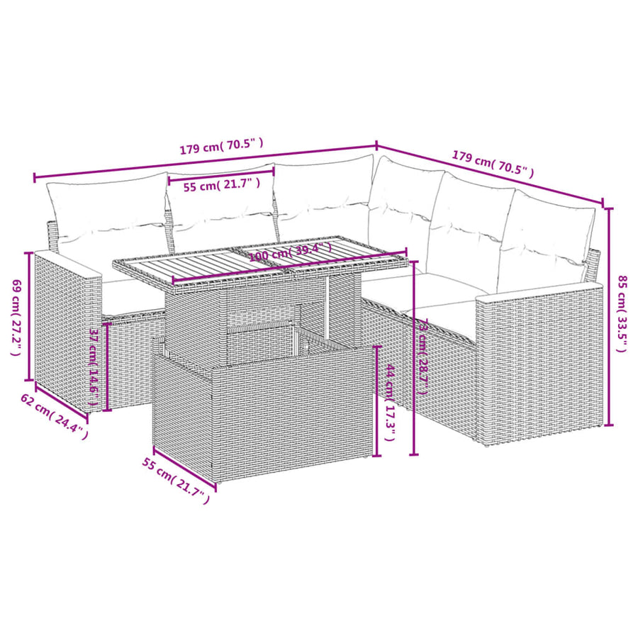 6-delige Loungeset met kussens poly rattan beige