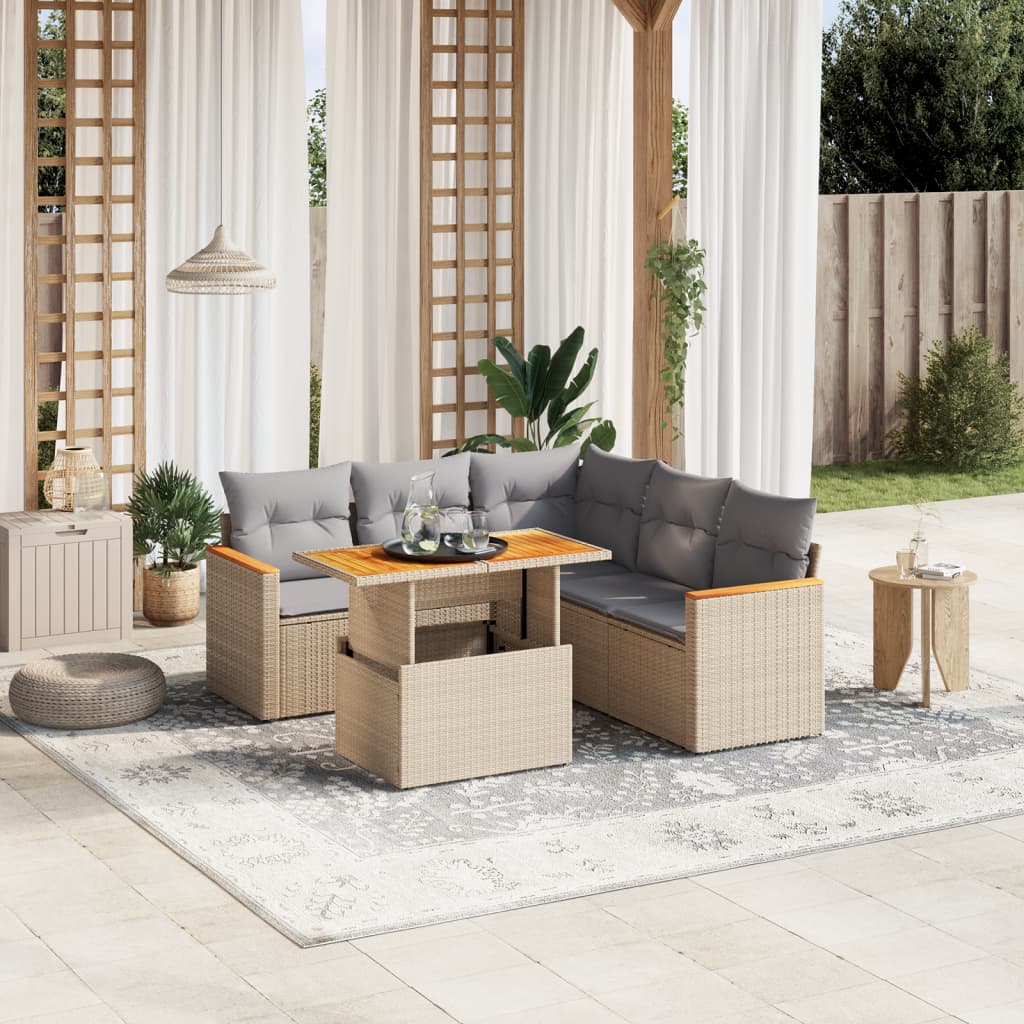 6-delige Loungeset met kussens poly rattan beige