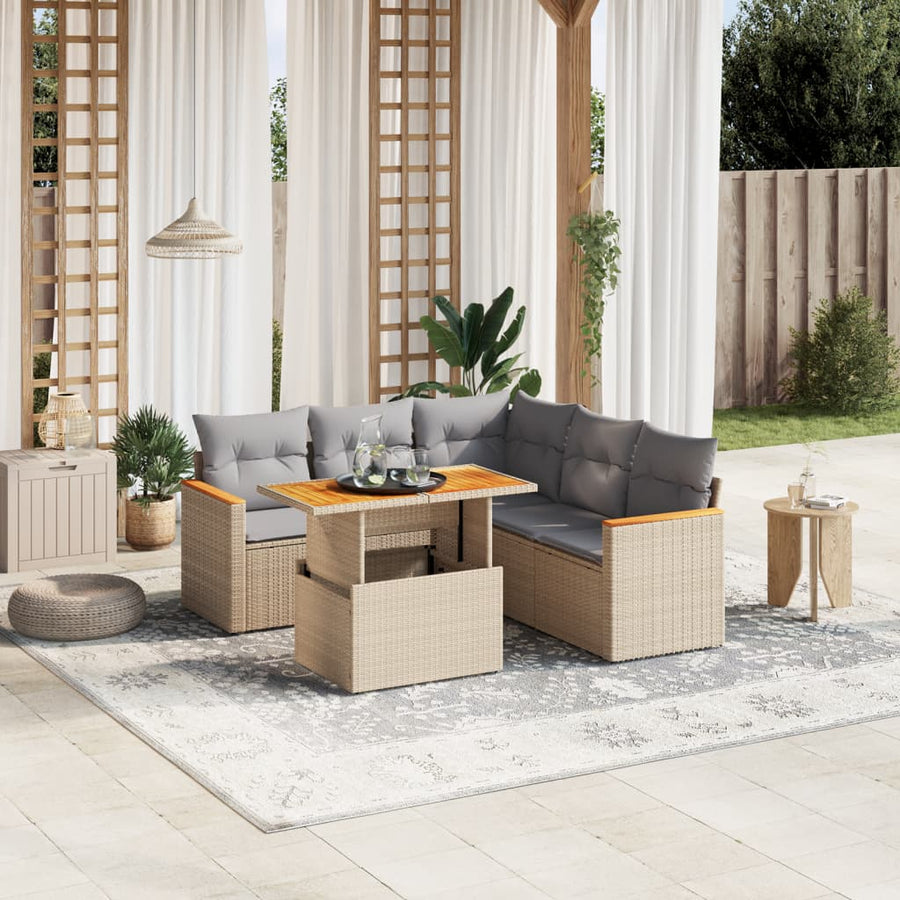 6-delige Loungeset met kussens poly rattan beige
