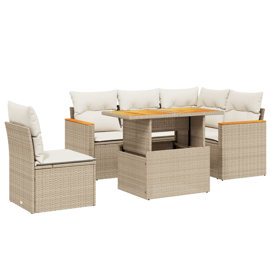 6-delige Loungeset met kussens poly rattan beige