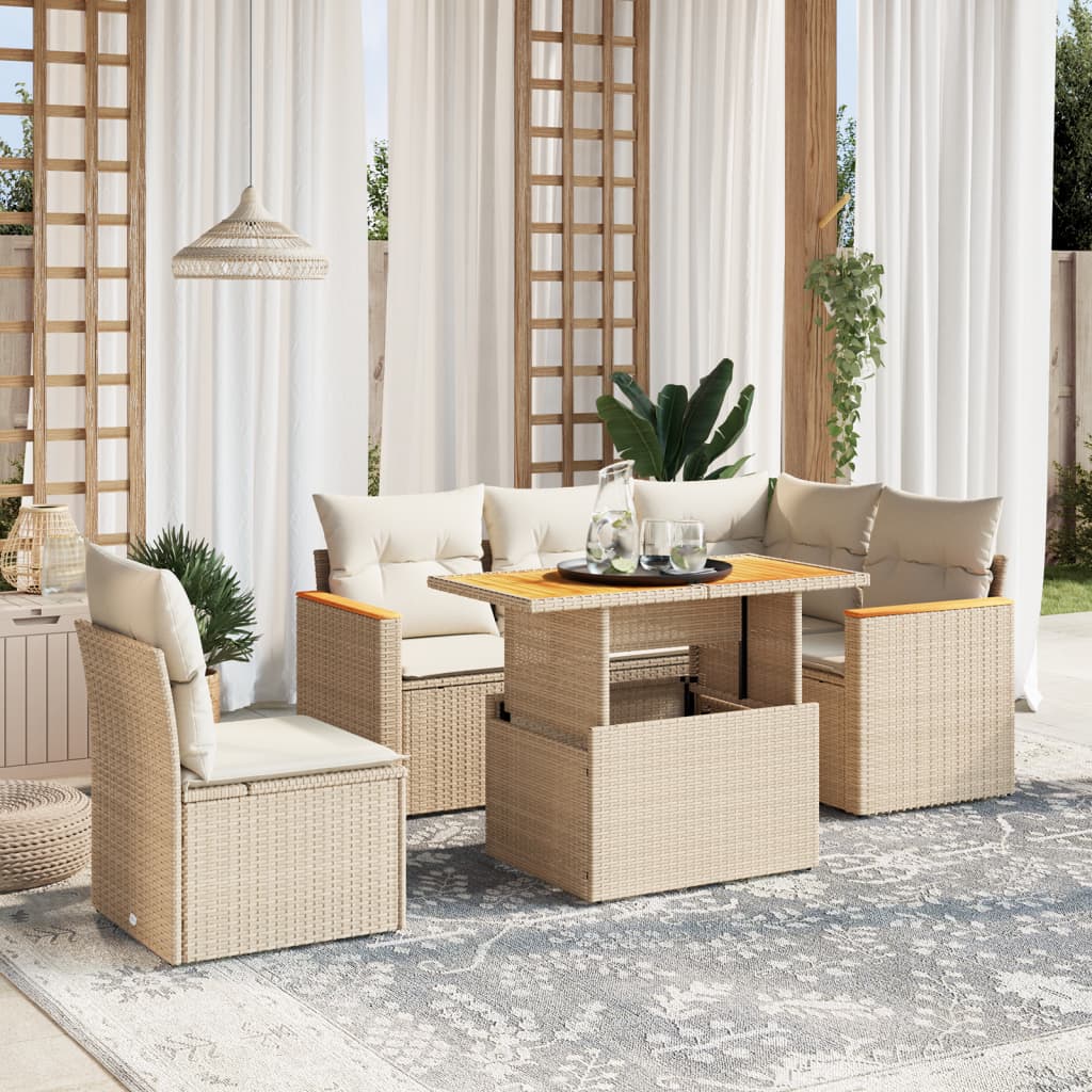 6-delige Loungeset met kussens poly rattan beige