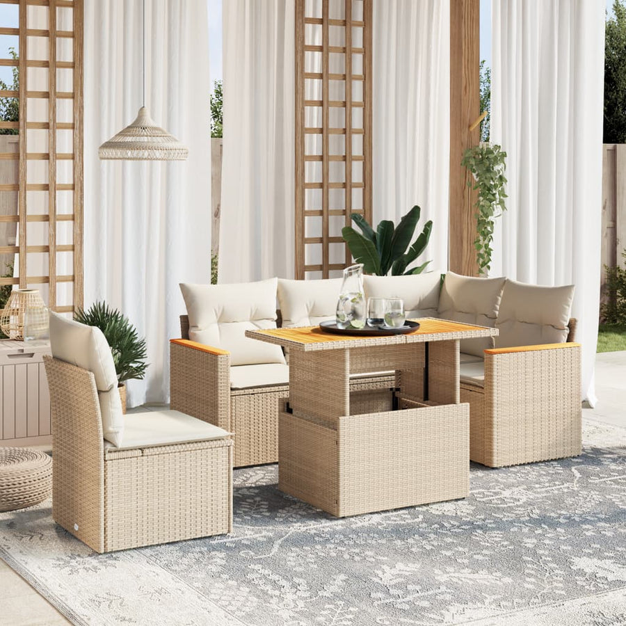 6-delige Loungeset met kussens poly rattan beige