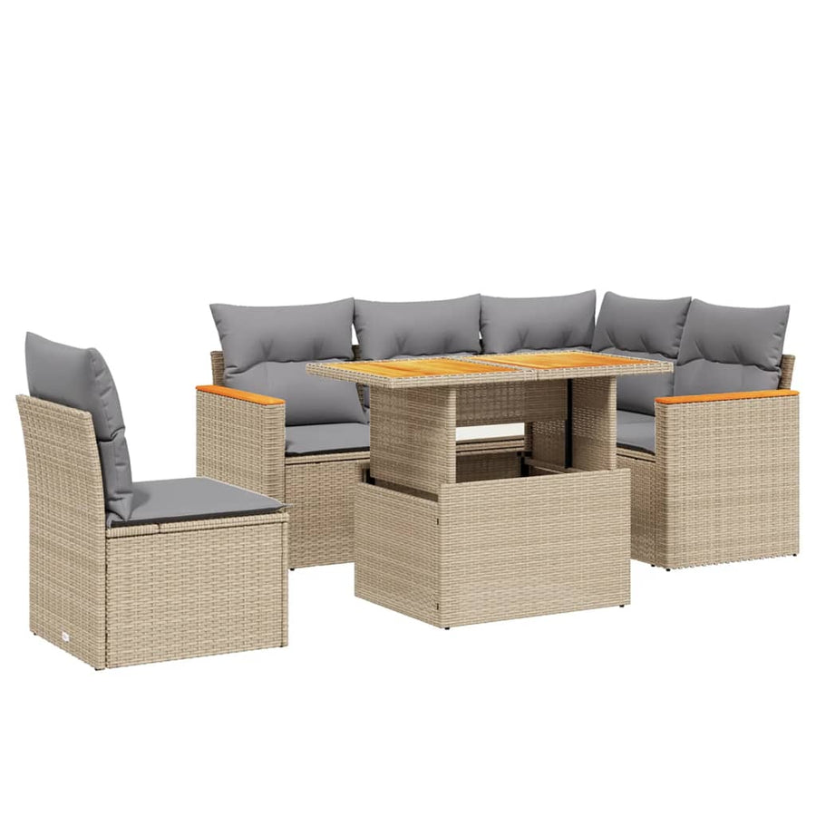 6-delige Loungeset met kussens poly rattan beige