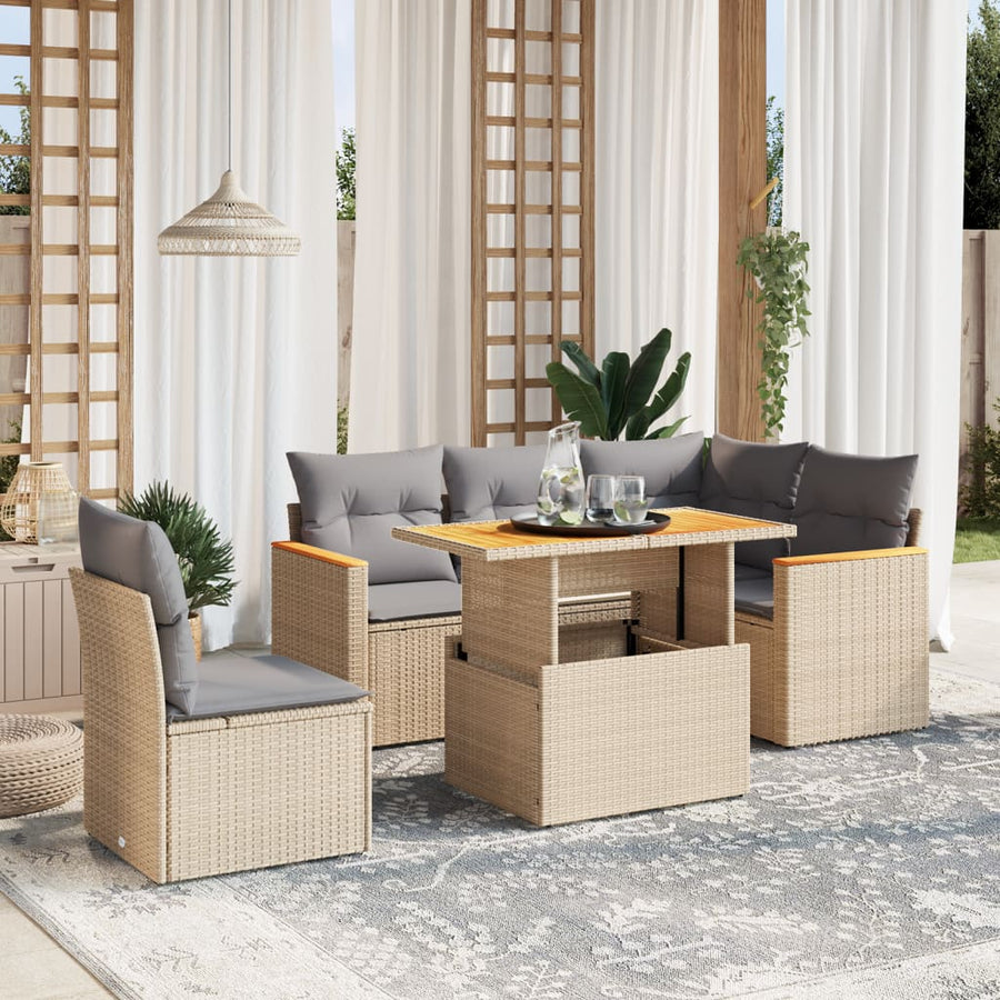 6-delige Loungeset met kussens poly rattan beige