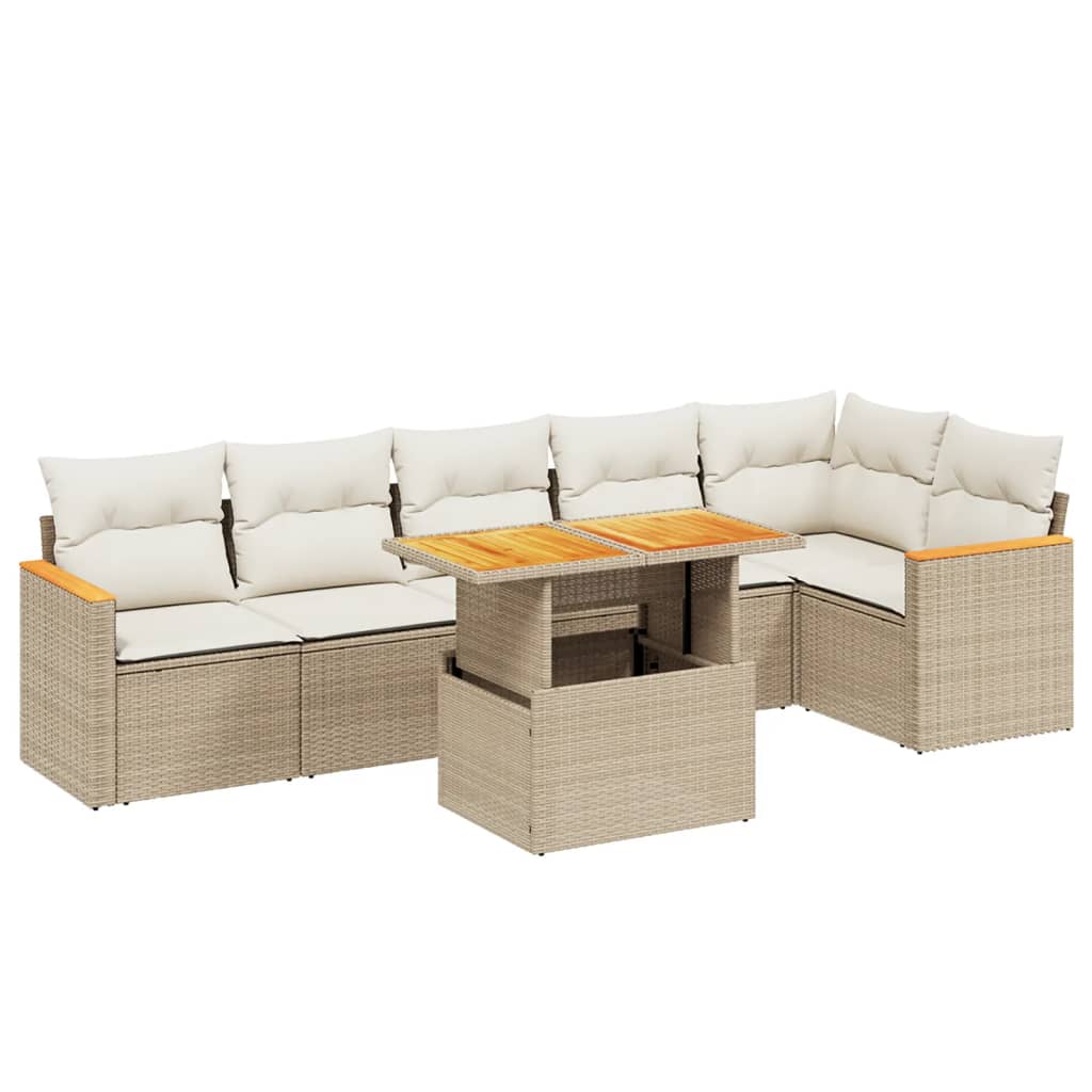 7-delige Loungeset met kussens poly rattan beige