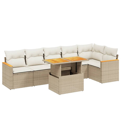 7-delige Loungeset met kussens poly rattan beige