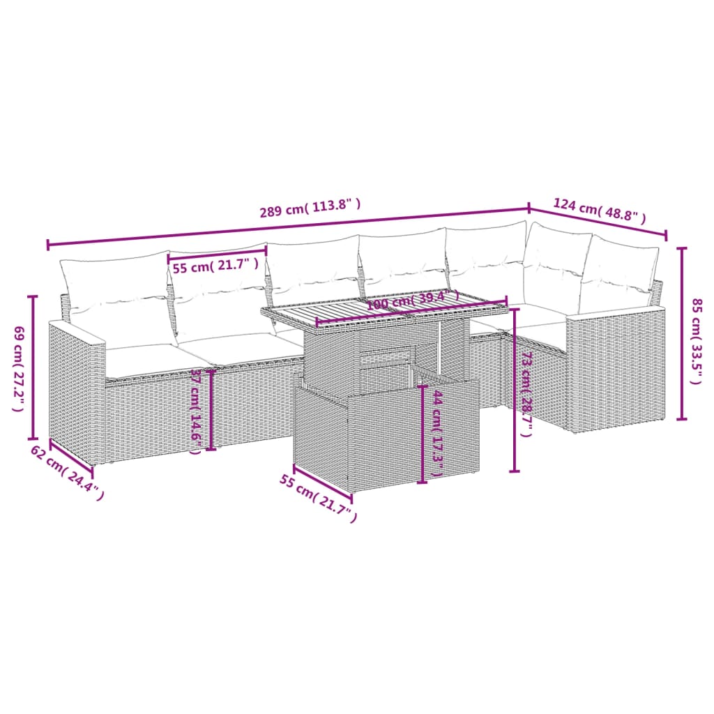 7-delige Loungeset met kussens poly rattan beige