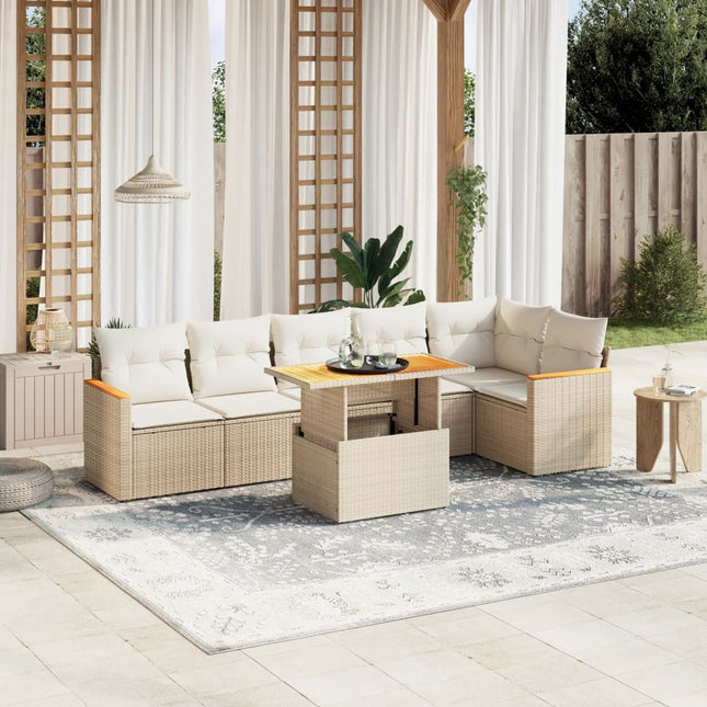 7-delige Loungeset met kussens poly rattan beige