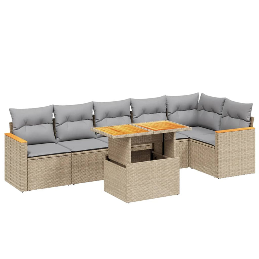 7-delige Loungeset met kussens poly rattan beige