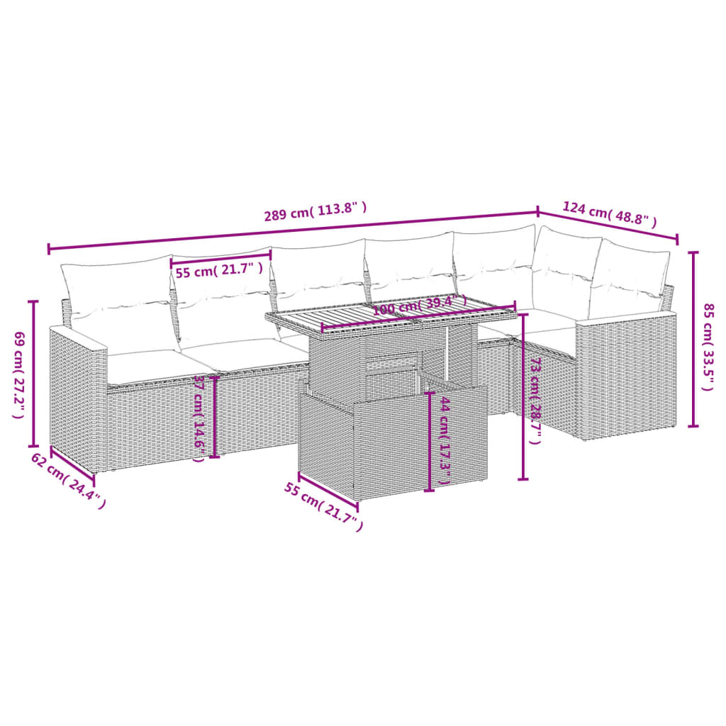 7-delige Loungeset met kussens poly rattan beige