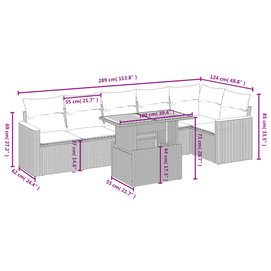 7-delige Loungeset met kussens poly rattan beige