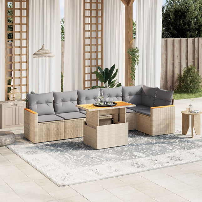 7-delige Loungeset met kussens poly rattan beige