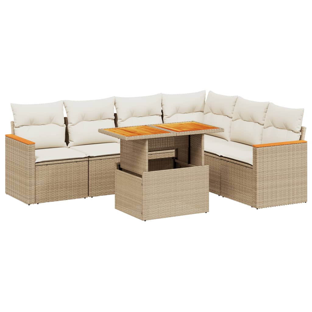 7-delige Loungeset met kussens poly rattan beige