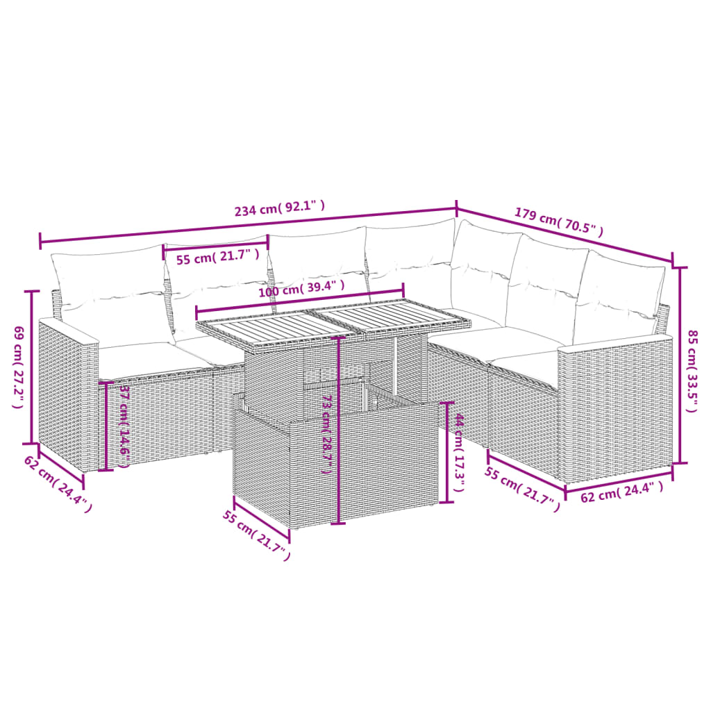 7-delige Loungeset met kussens poly rattan beige