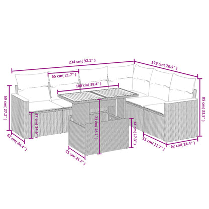 7-delige Loungeset met kussens poly rattan beige