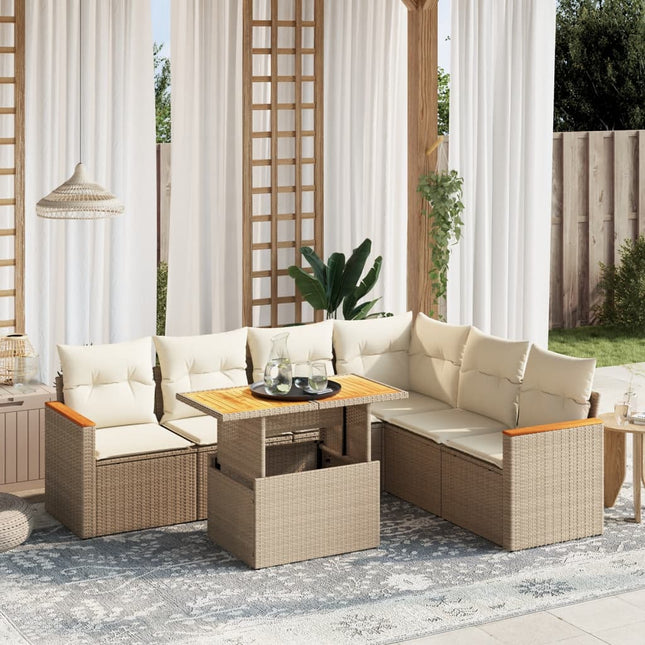 7-delige Loungeset met kussens poly rattan beige