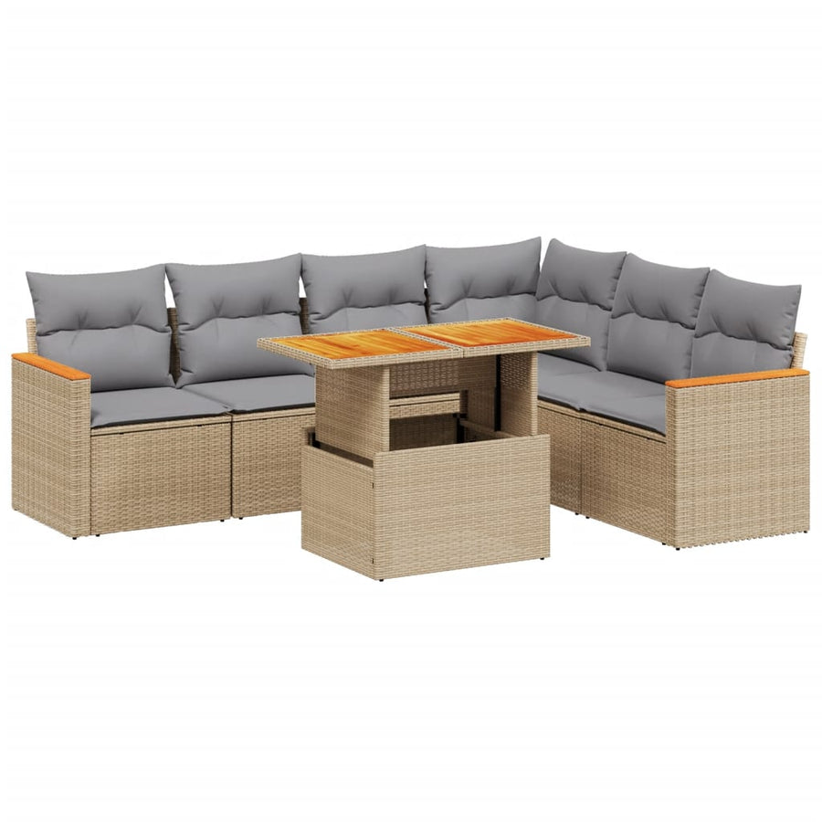 7-delige Loungeset met kussens poly rattan beige
