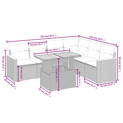 7-delige Loungeset met kussens poly rattan beige