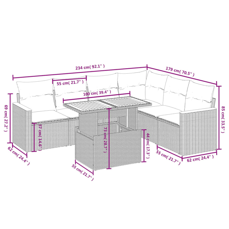 7-delige Loungeset met kussens poly rattan beige