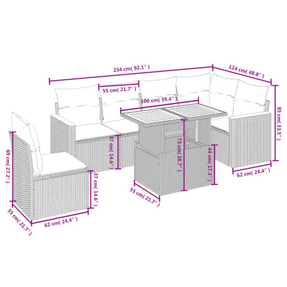 7-delige Loungeset met kussens poly rattan beige