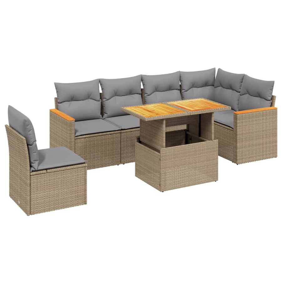 7-delige Loungeset met kussens poly rattan beige
