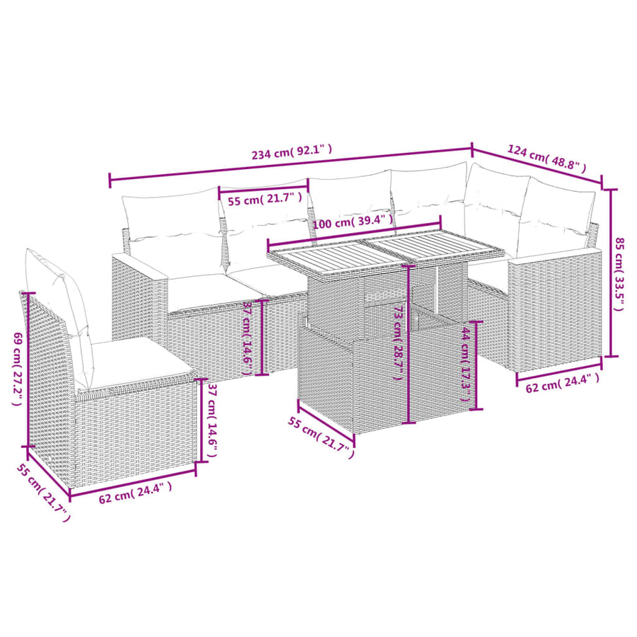7-delige Loungeset met kussens poly rattan beige