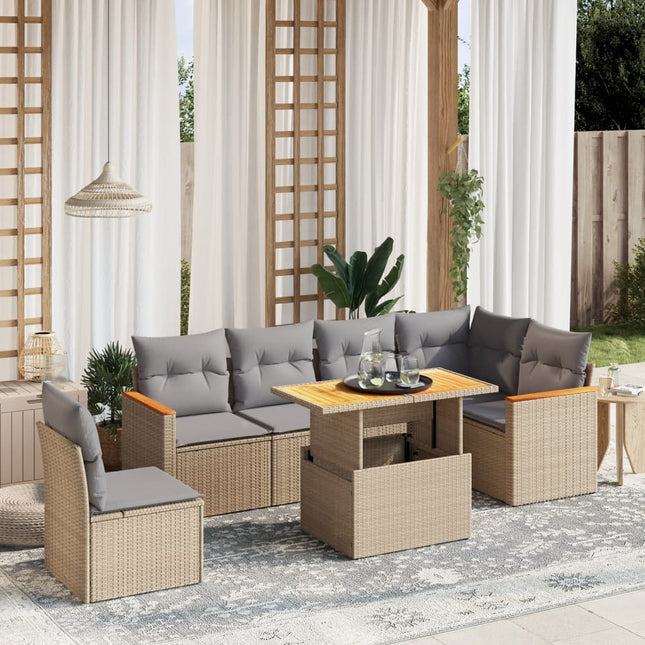 7-delige Loungeset met kussens poly rattan beige