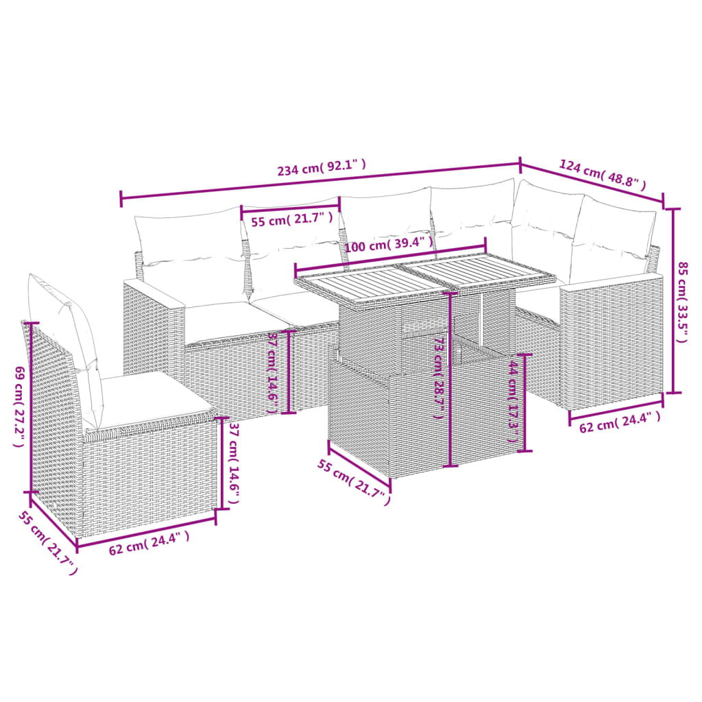 7-delige Loungeset met kussens poly rattan grijs