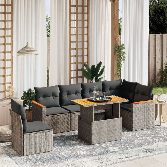 7-delige Loungeset met kussens poly rattan grijs