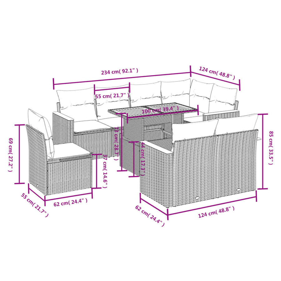 9-Delige Loungeset Met Kussens Poly Rattan Zwart