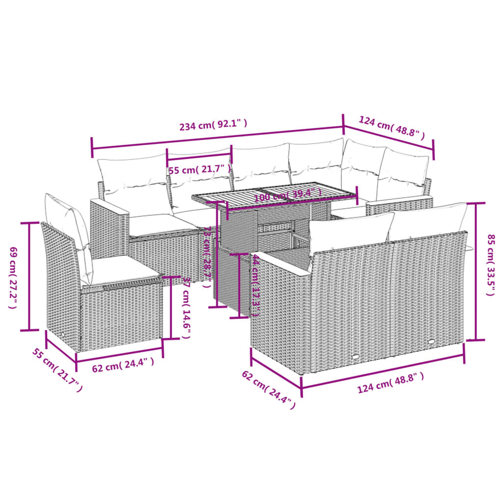 9-Delige Loungeset Met Kussens Poly Rattan Zwart