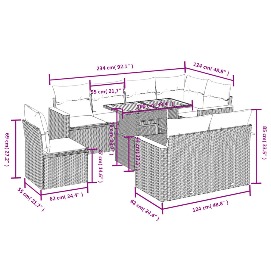 9-Delige Loungeset Met Kussens Poly Rattan Zwart