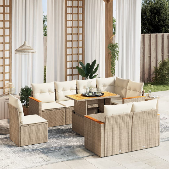 9-delige Loungeset met kussens poly rattan beige