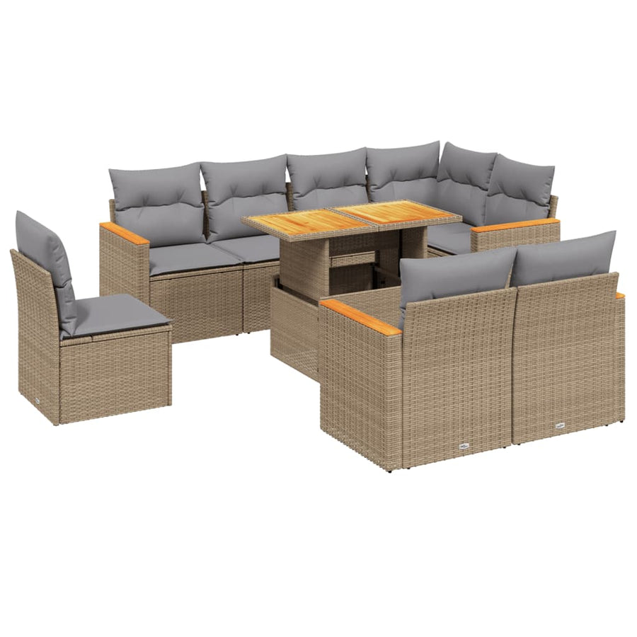 9-delige Loungeset met kussens poly rattan beige