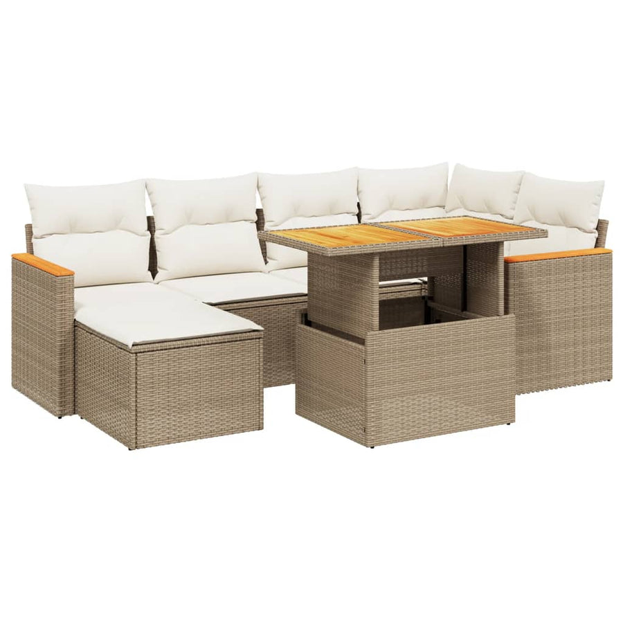 7-delige Loungeset met kussens poly rattan beige