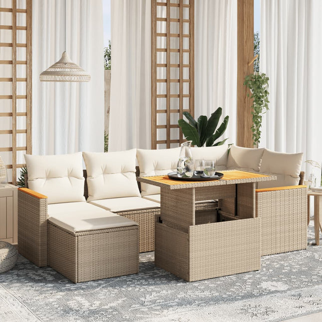 7-delige Loungeset met kussens poly rattan beige