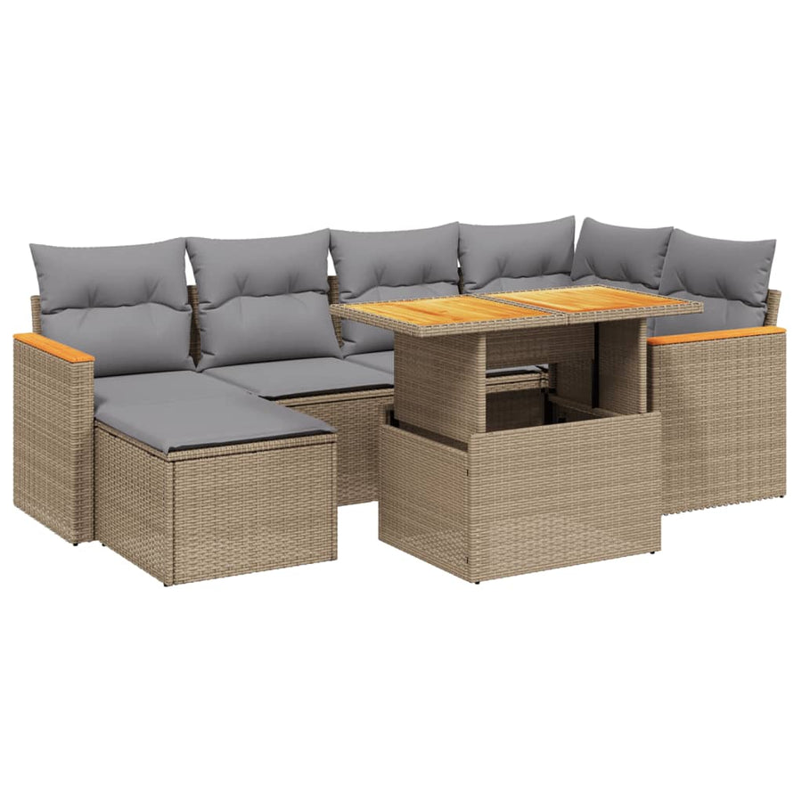 7-delige Loungeset met kussens poly rattan beige