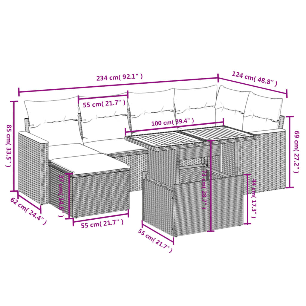 7-delige Loungeset met kussens poly rattan beige