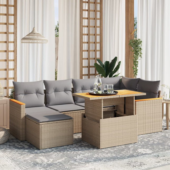 7-delige Loungeset met kussens poly rattan beige