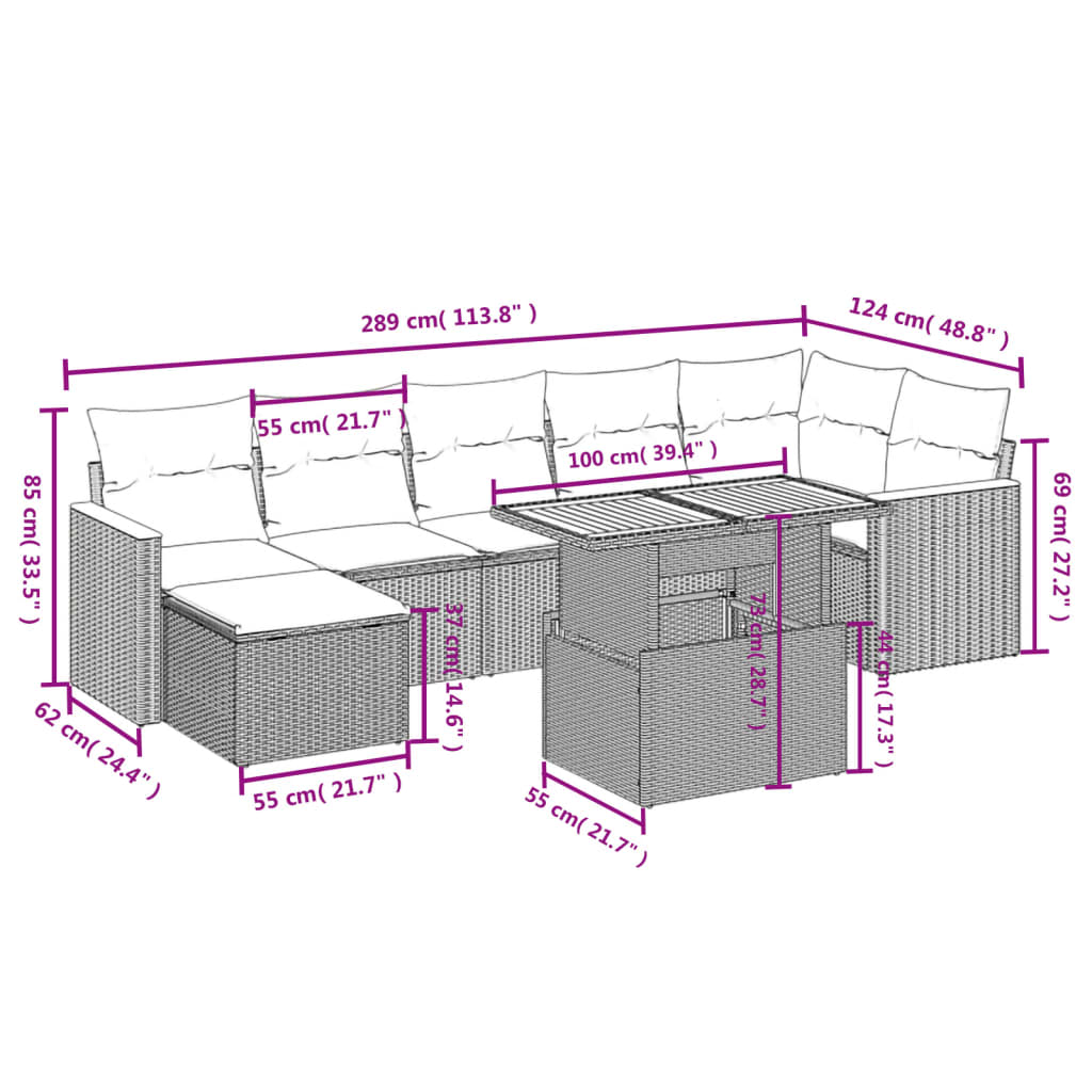 8-delige Loungeset met kussens poly rattan beige