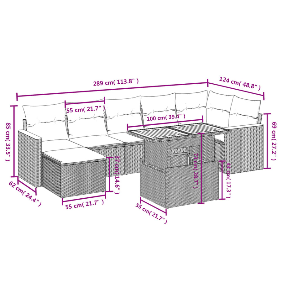 8-delige Loungeset met kussens poly rattan beige