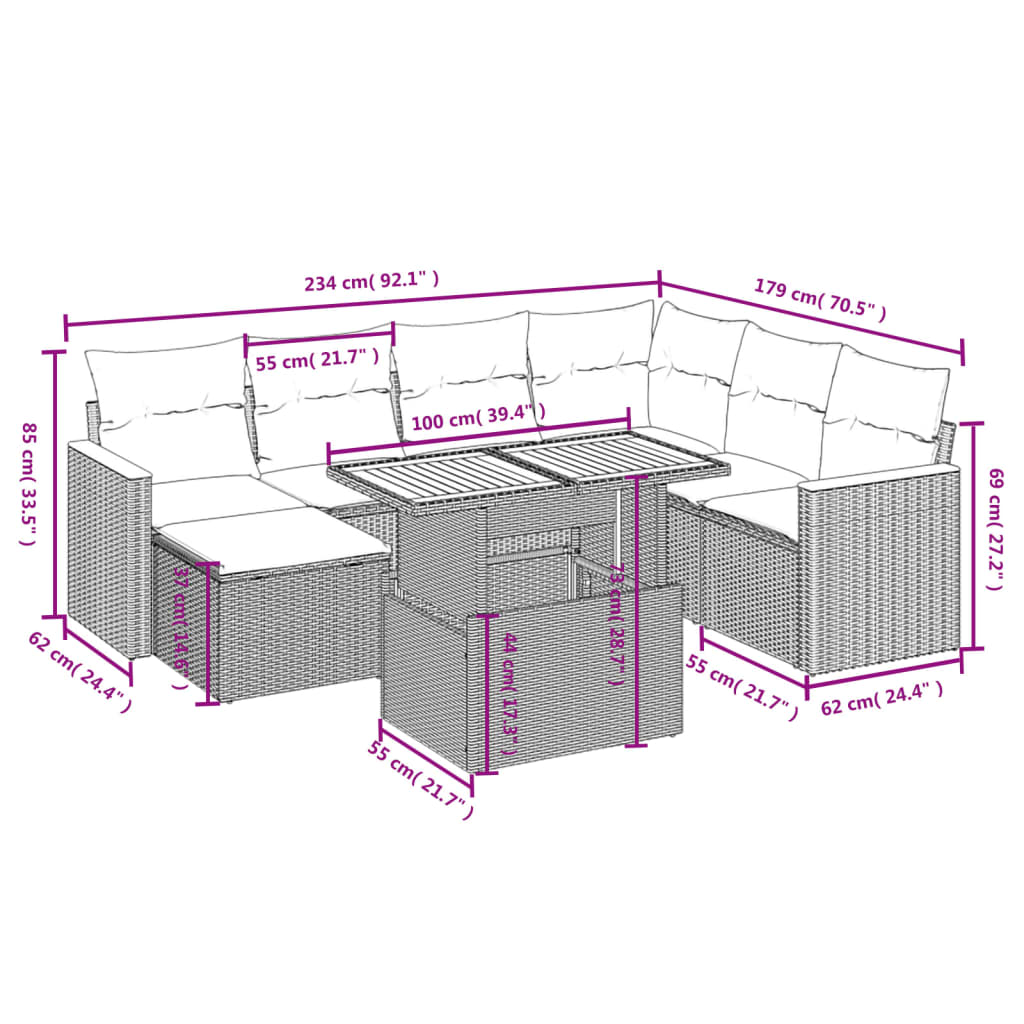 8-delige Loungeset met kussens poly rattan beige