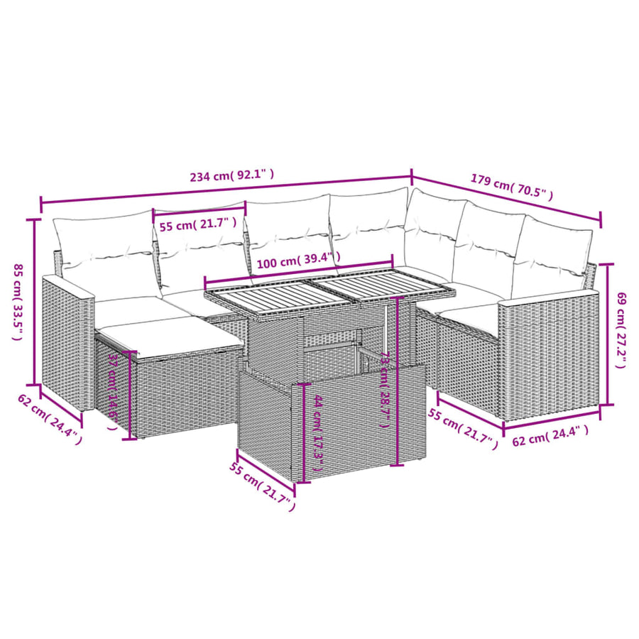8-delige Loungeset met kussens poly rattan beige