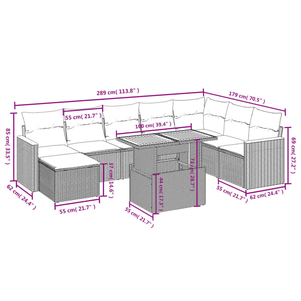 9-Delige Loungeset Met Kussens Poly Rattan Zwart