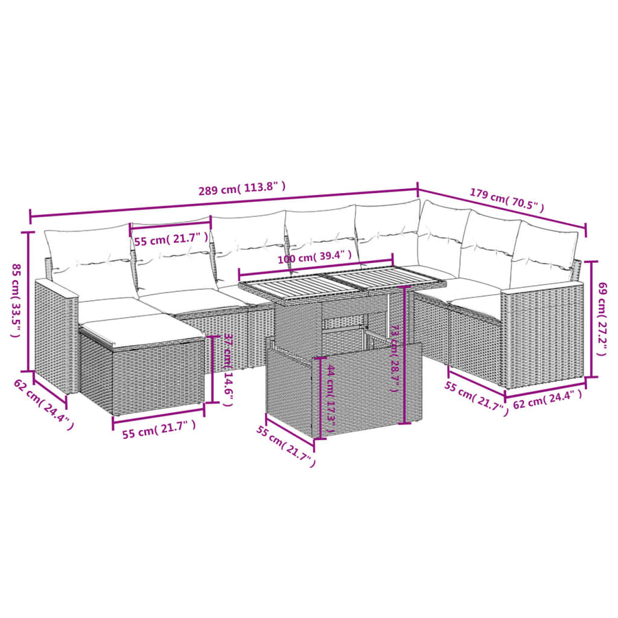 9-Delige Loungeset Met Kussens Poly Rattan Zwart
