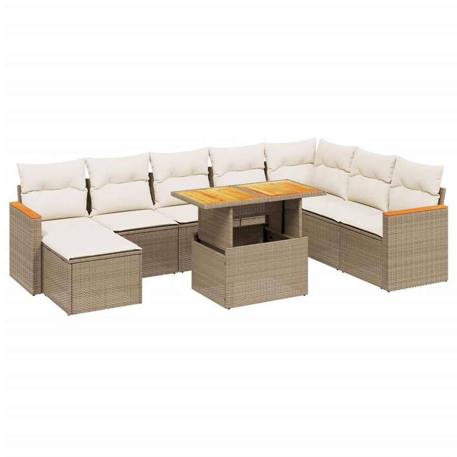 9-delige Loungeset met kussens poly rattan beige