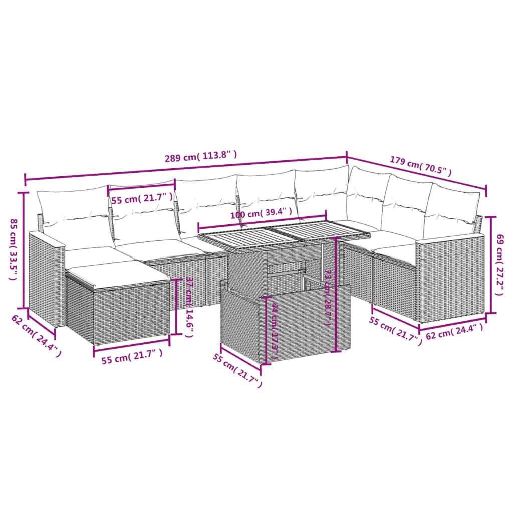 9-delige Loungeset met kussens poly rattan beige